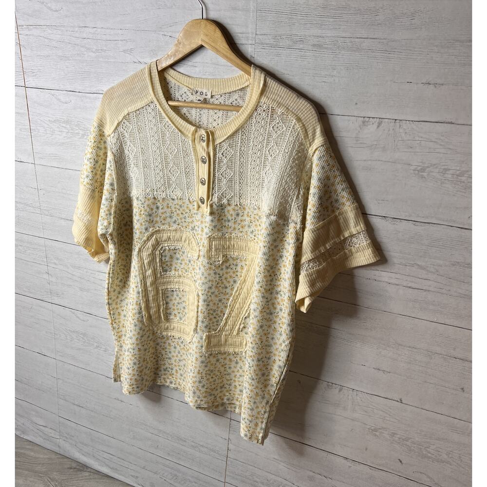 POL Top Womens Size Medium Yellow Number Floral Embroidered Button Lace Detail - Picture 4 of 16